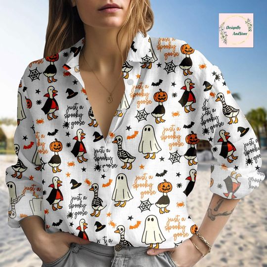 Spooky Goose Blouse Shirt, Cute Animal Summer Shirt, Spooky Gift for Her, Casual Summer Outfit, Spooky Goose Merch for Women