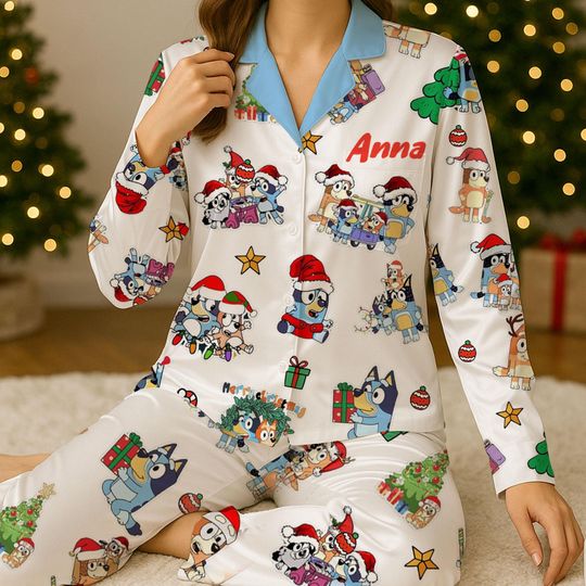 Custom BlueyDad Christmas Pajamas, Blue Dog Pajama Set Short or Long Sleeve, Christmas Sleepwear, Blue Family Pajamas Set, Xmas Gift for Her