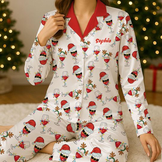 Personalized Christmas Wine Pajamas, Custom Christmas Drinking Pajama Set Short or Long Sleeve, Xmas Wine Glass Sleepwear, Gift for Mom, Her