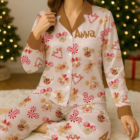 Discover Custom Mickey Christmas Pajama Set, Xmas Mickey Gingerbread Sleepwear, Short or Long Sleeve Disney Pajamas for Adults, Gift for Her