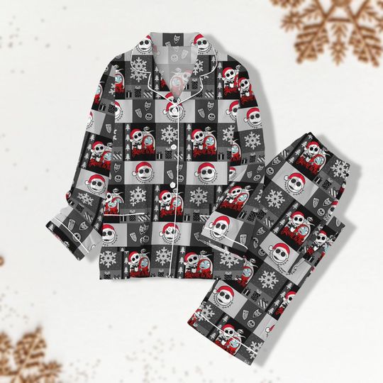 Jack Skellington & Sally Christmas Pajama Set for Adults & Kids, Holiday Family Sleepwear