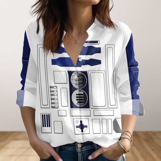 R2D2 Linen-Look Shirt, Star Wars Cosplay Costume, Sci-Fi Blouse Shirt, Galaxy Themed Outfit, Women Shirt, Halloween Shirt, Gift For Her
