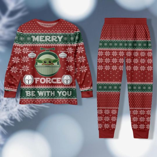 Discover Baby Yoda Christmas Pajamas, Merry Force Be With You, Star Wars Christmas, Long Sleeve Pajamas Set, Disneyland Pajama, Holiday Pjs Set