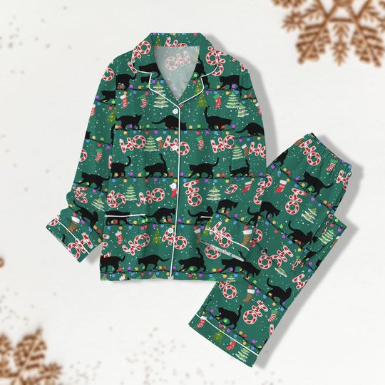 Black Cat Christmas Pajamas, Cat Christmas Shirt, Christmas Pajamas for Women, Cat Mom Pajamas, Bridesmaid Pj Sets, Holiday Pjs Set