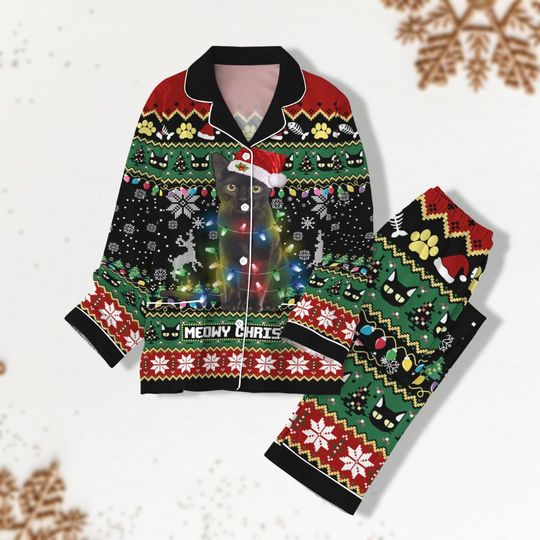 Discover Christmas Black Cat Pajamas, Meowy Christmas Pants Pajama, Adult Unisex Pajama, Home Wear Shirt, Christmas Cat Mom Pyjamas, Pet Pajama