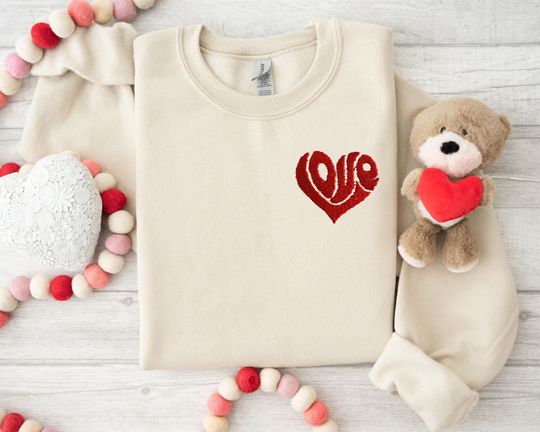 Discover Love Heart Shaped Embroidered Sweatshirt, Valentine's Day Embroidered Sweatshirt, Love Valentine's Day, Valentine's Day Embroidered Shirt