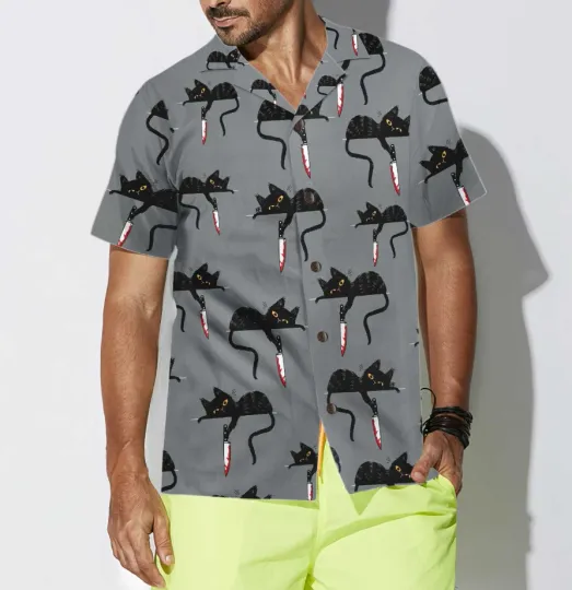 Black Cat With Knife Hawaiian Shirt, Funny Black Cat Shirt