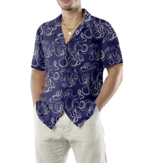 Hand Drawn Octopus Hawaiian Shirt, Unique Navy Octopus Shirt