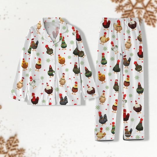 Cute Christmas Chickens Pajamas, Christmas Farmer Pajamas, Chicken Christmas Pajamas Pants, Long Sleeve Pajamas, Button Down Pajamas