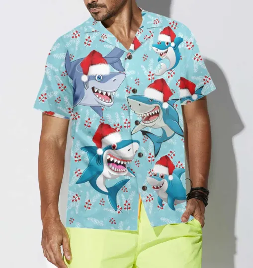 Discover Merry Christmas Shark Santa Hat Christmas Hawaiian Shirt