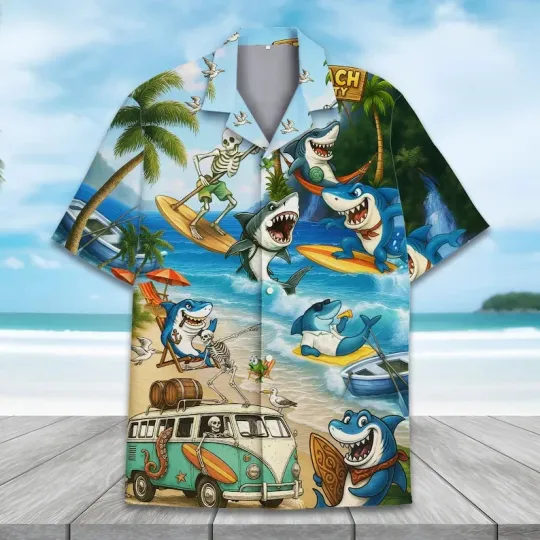 Discover Shark Skeleton Hawaiian Shirt, Funny Beach Button Up Short