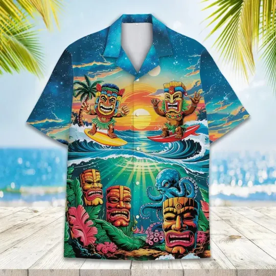 Discover Tiki Surfing Hawaiian Shirt Men Women Youth, Tropical Tiki & Ocean Octopus
