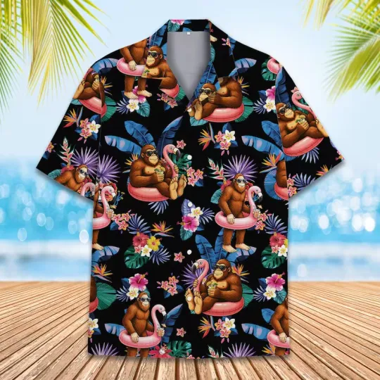 Discover Tropical Bigfoot Flamingo Hawaiian Shirt Men Women Youth, Bigfoot