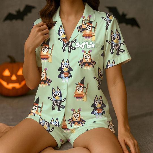 Discover Custom BlueyDad Halloween Silky Satin Pajama Set, BlueyDad Pajama Set Short  Sleeve, Fall Season Women Sleepwear, Halloween Gift for Her