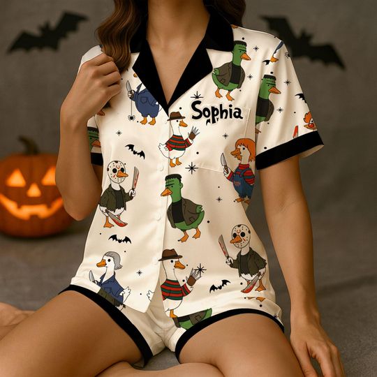 Discover Custom Spooky Goose Pajamas, Just A Horror Goose Pajama Set Short Sleeve, Halloween Sleepwear, Silly Goose Horror Movie, Spooky Gift