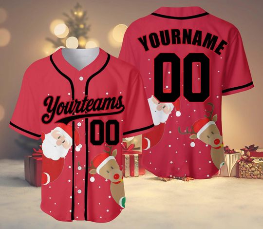 Discover Personalized Christmas Baseball Jersey, Custom Name and Number, Festive Santa and Winter Scene, Holiday Sports Shirt for Xmas Fans