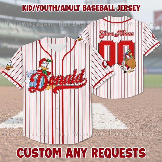Personalize Disney Duck Christmas Baseball Jersey, Baseball Team Jersey, Birthday Gift for Christmas Fans Family Party