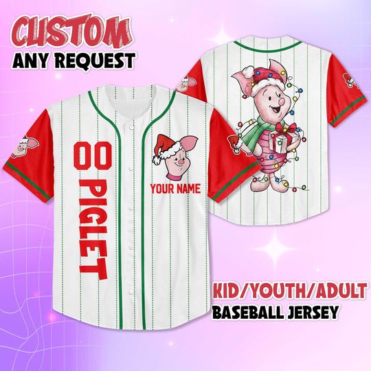 Personalized Piglet Christmas Baseball Jersey, Custom Disney Winnie the Pooh Jersey Shirt, Holiday Team Outfit, Xmas Gift for Fans