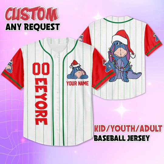 Discover Custom Eeyore Christmas Baseball Jersey, Personalized Disney Winnie the Pooh Baseball Shirt, Family Matching Outfit, Christmas Gift