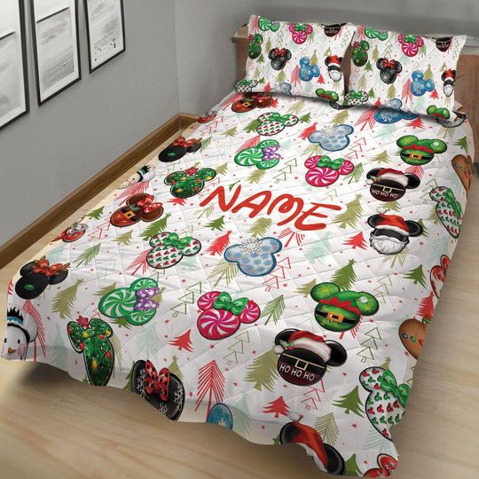 Personalized Christmas Quilt Bedding Set: Mickey Mouse Blanket & Pillowcase