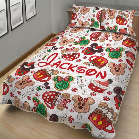 Personalized Christmas Magic Kingdom Quilt Bedding Set, Cartoon Mouse Christmas Cookies Quilt Blanket & Pillowcase, Custom Holiday Gift