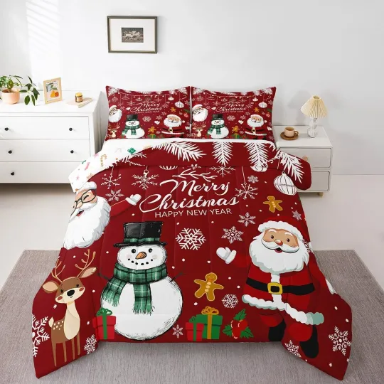 Discover Red Christmas Quilt Set Cute Snowman Santa Claus Bedding Set