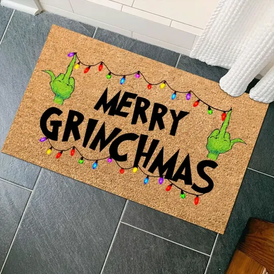 Merry Grin Mat, funny character Middle Finger Christmas Doormat