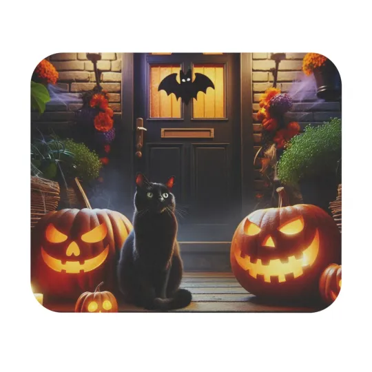 Halloween Black Cat on Front Porch Rectangle Mouse Pad