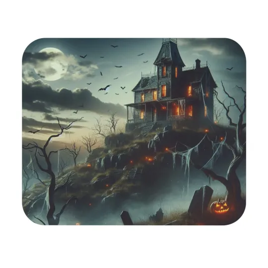 Halloween House on the Hill with Pumpkins Rectangle Mouse Pad