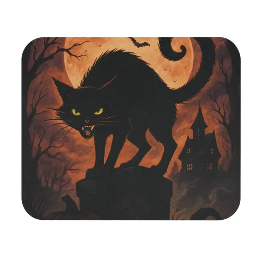 Discover Mouse Pad (Rectangle) Halloween Arching Black Cat on Tree Stump Style 1 Gift