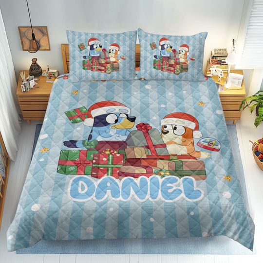 Personalized BlueyDad Bedding Set, Pillowcases, and Christmas Blanket for Kids