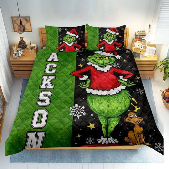 Personalized Funny Character Quilt Bedding Set with Custom Name, Christmas Edition