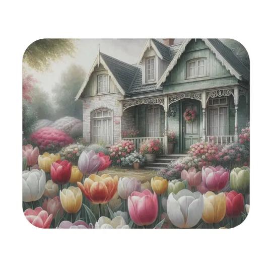 Discover Mouse Pad (Rectangle) Shabby Chic House with Tulip Flower Blooms Design 4