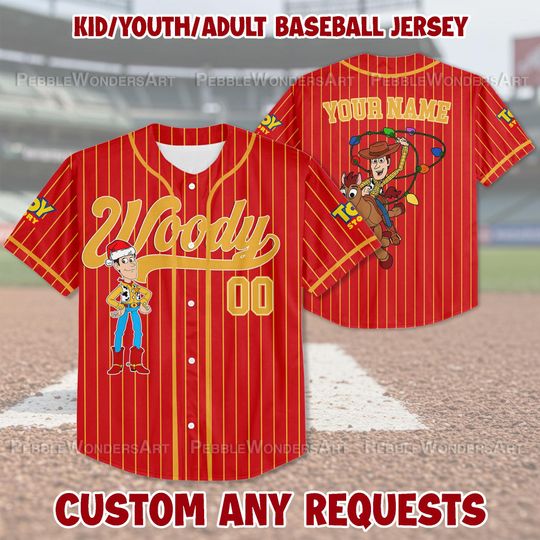 Discover Personalized Toy Story Woody Christmas Baseball Jersey, Disney Team Outfit Cartoon Birthday Gift for Adult Kid