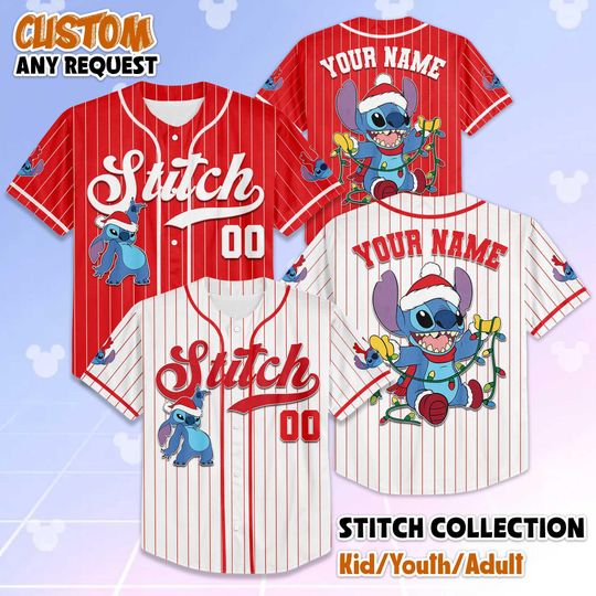 Discover Custom Stitch Christmas Baseball Jersey, Disney Stitch Jersey Shirt, Cute Lilo and Stitch Xmas Outfit, Funny Cartoon Christmas Gift