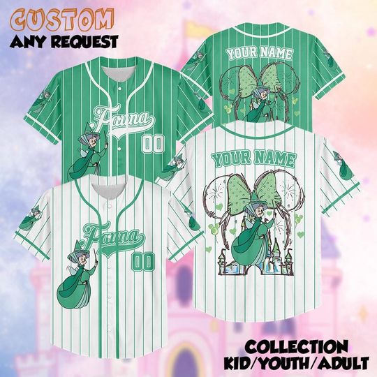 Personalized Sleeping Beauty Good Fairies Baseball Jersey, Flora Fauna Merryweather Costume Jersey, Disneyland Family Matching Shirt
