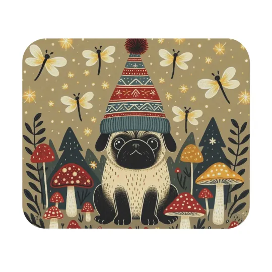 Discover Mouse Pad (Rectangle) Pug Dog Gnome Mushrooms Folk Art Design 1, Gift