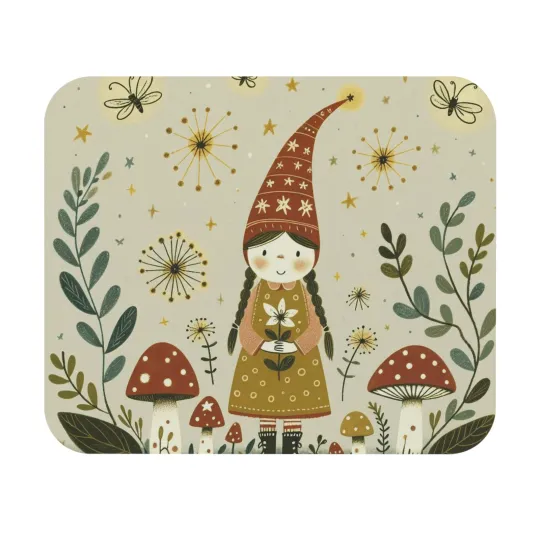 Discover Mouse Pad (Rectangle) Gnome Girl Mushrooms Fireflies Folk Art Design 4, Gift