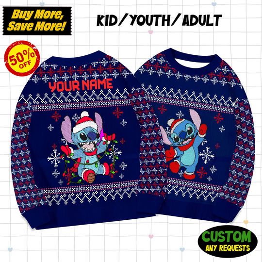 Discover Custom Disney Stitch Ugly Christmas Sweater, Lilo And Stitch Movie Xmas Ugly Sweatshirt, Disney Christmas Gift For Kid Youth Adult
