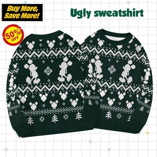 Discover Disney Mickey Green Pattern Ugly Sweater, Mickey Mouse Christmas Tree Ugly Sweatshirt, Disney Christmas Gift For Kid Youth Adult