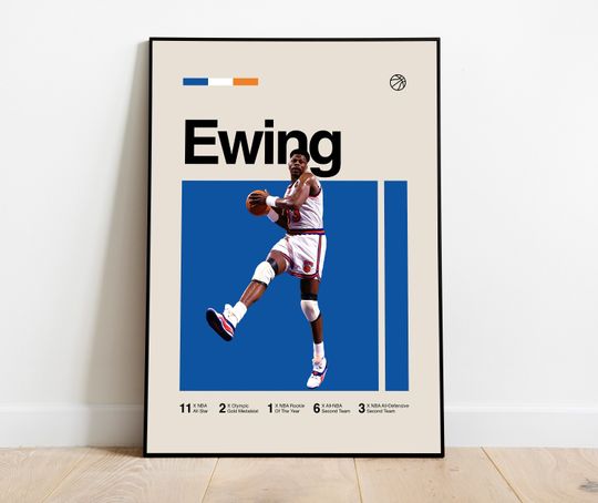 Discover Patrick Ewing Poster - Minimalist Mid century Modern Basketball Wall Art Print for Fans