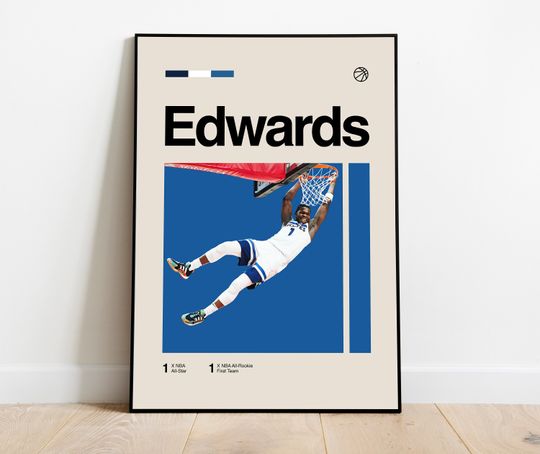 Anthony Edwards Poster - Minimalist Mid century Modern Basketball Wall Art Print