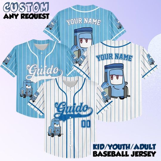 Discover Personalized Guido Baseball Jersey, Custom Disney Cars Shirt, Cute Pit Crew Jersey, Pixar Character Tee, Gift for Kids & Fans