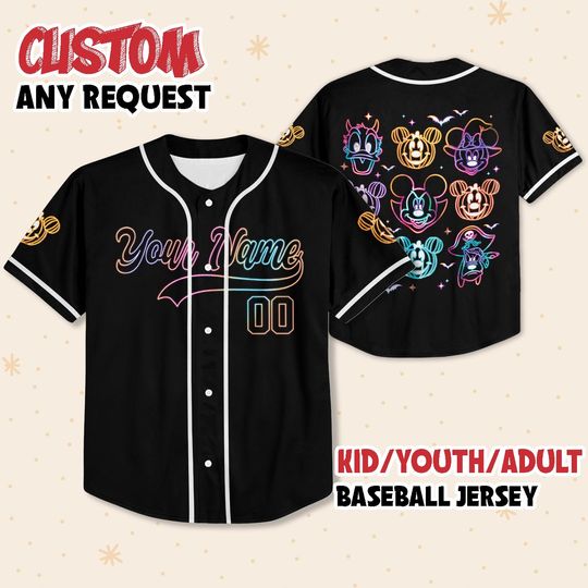Personalize Disney Mickey and Co Halloween Baseball Jerseys, Disneyland Kid Youth Adult Halloween Party, Magic Kingdom Halloween Jersey