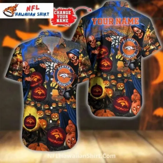 Discover Broncos Halloween Hawaiian Shirt Spooky Pumpkin And Reaper Size S-5XL