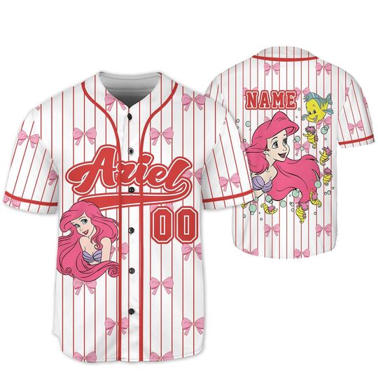 Discover Personalize Coquette Bows Disney Ariel Princess Baseball Jersey, Custom Kid Youth Adult Baseball Jersey, Custom Disney Birthday Gift