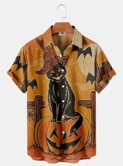 Discover Vintage Halloween Cat Print Shirt