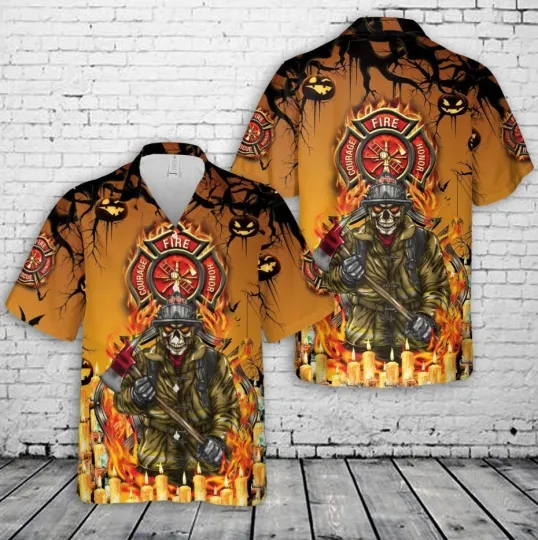Discover Firefighter skull Halloween Hawaiian Shirt, Horror Hawaiian Shirt