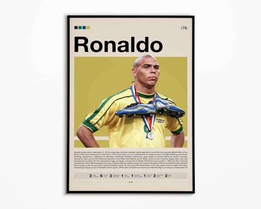 Ronaldo Poster, Brazil Football Poster, Ronaldo Print, Soccer Gifts, Sports Poster, Football Poster, Soccer Wall Art, Sports Bedroom Posters