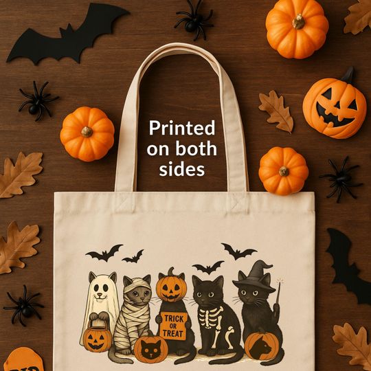 Discover Cat Halloween Trick-or-treat Bag Funny Feral Cat Halloween Tote bag Cat Lover Gifts Cute Cat Halloween Tote Spooky Season 15x16